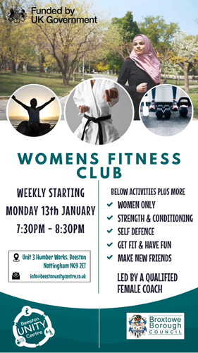 Womens Fitness Club. Weekly starting Monday 13th January 7:30-8;30pm. Below activities plus more: Women only, strength and conditioning, self defence, get fit and have fun, make new friends, led by a qualified female coach