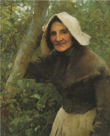 Painting of old woman from Victorian period wearing a sun bonnet.