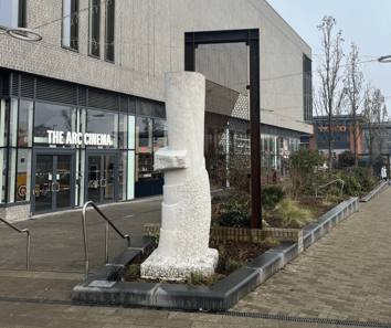 Water Head sculpture at its new location outside Arc Cinema